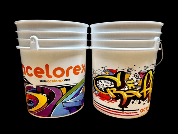 two blackout buckets with custom printing